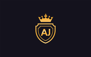 AJ Crown and shield symbol icon. royal luxury shield monogram aj