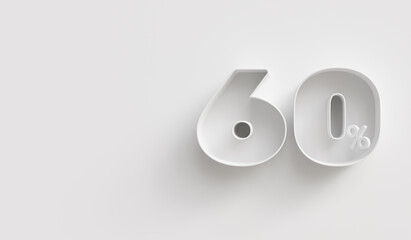 White 3d 60 (sixty) percent on white background. For advertising promotion, 3d financial concept design. Promotional materials. 60% interest special offer. Symbol icon with percentage.