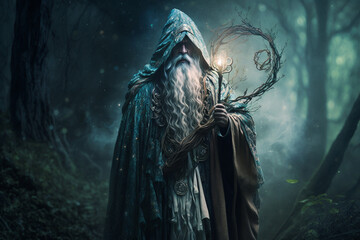 A mystical druid standing in a lush forest glade, surrounded by ethereal wisps of magic. intricate details of the druid's robes and staff. a touch of dreaminess. fantasy Ai - obrazy, fototapety, plakaty