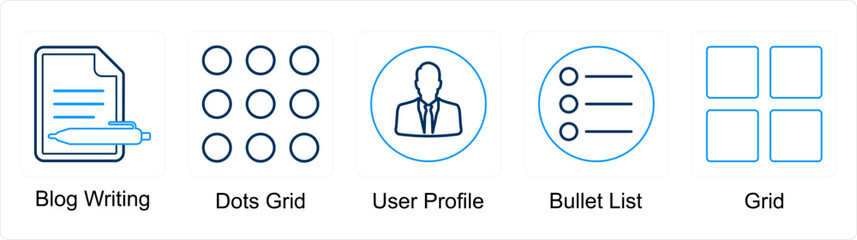 A set of 5 mix icons as blog writing, dots grid, user profile