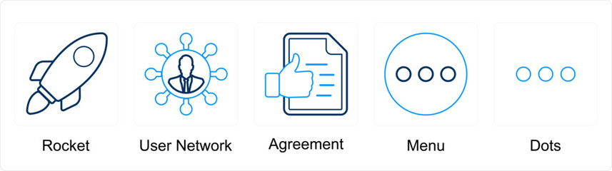 A set of 5 mix icons as rocket, user network, agreement