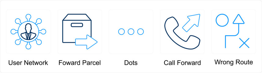 A set of 5 mix icons as user network, forward parcel, dots