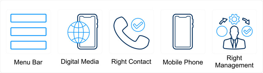 A set of 5 mix icons as menu bar, digital media, right contact
