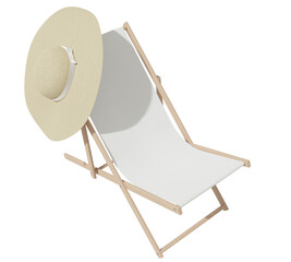 Beach chair with summer hat in isolated background, 3d rendering. Lounge chair illustration, concept of summer vacation, holiday season