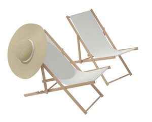 Lounge chairs with summer hat in isolated background, 3d rendering. Lounge chair illustration, concept of summer vacation, holiday season