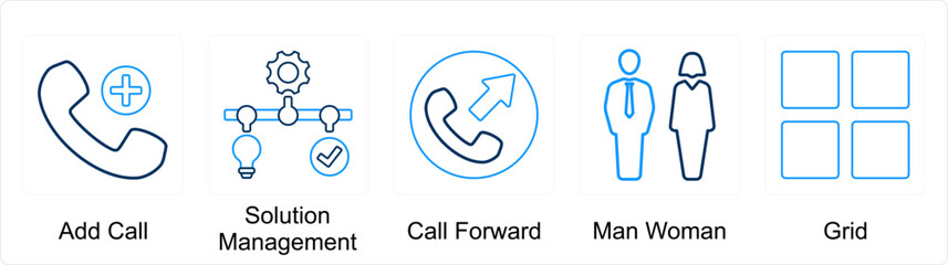 A set of 5 mix icons as add call, solution management, call forward