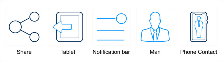 A set of 5 mix icons as share, tablet, notification bar