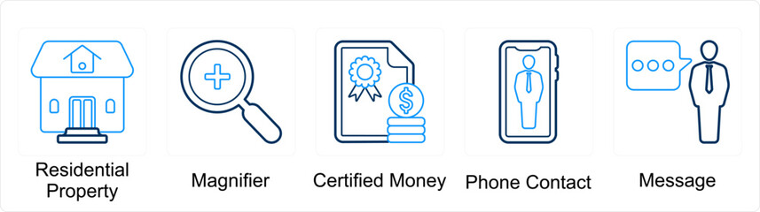 A set of 5 mix icons as residential property, magnifier, certified money 