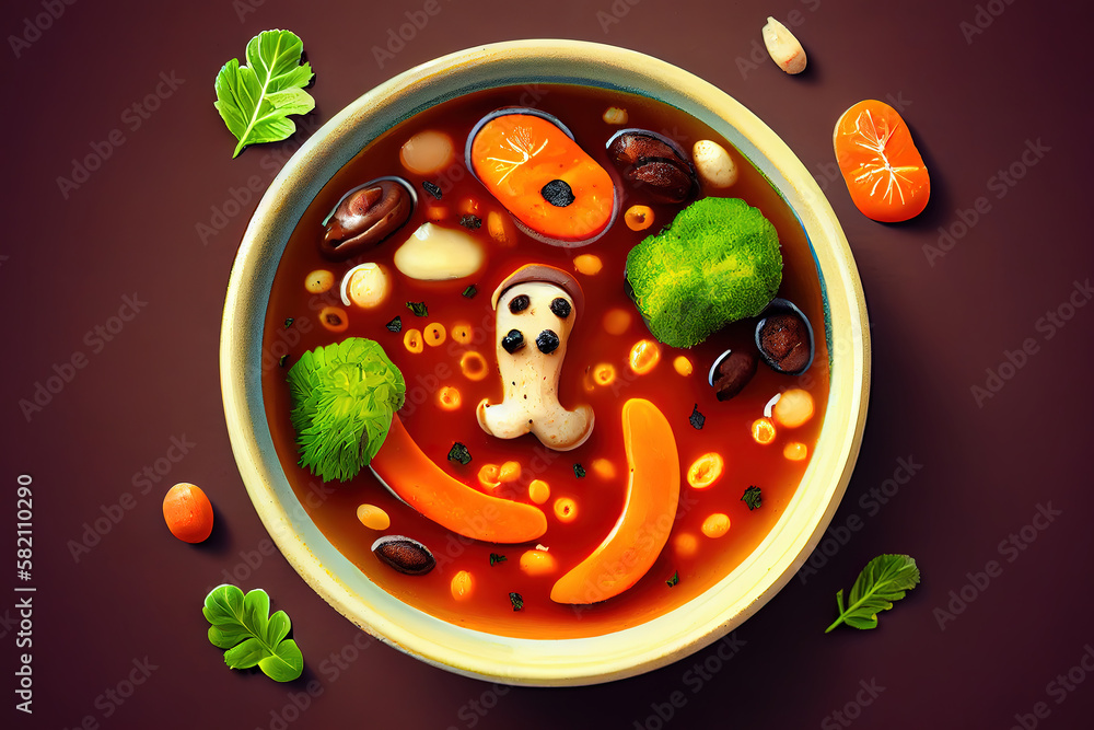 Poster mushroom soup with kidney bean potato and carrot top view copy space. generative ai