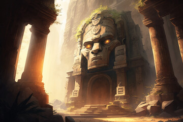 An ancient temple guarded by a giant stone golem. fantasy . Ai