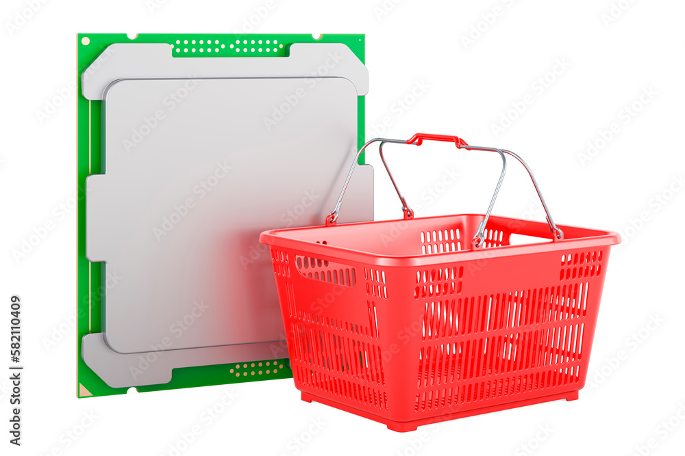 Poster shopping basket with cpu. 3d rendering