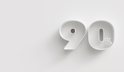 White 3d 90 (ninety) percent on white background. For advertising promotion, 3d financial concept design. Promotional materials. 90% interest special offer. Symbol icon with percentage.