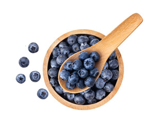 Blueberries in wood bowl and spoon  isolated on transparent png