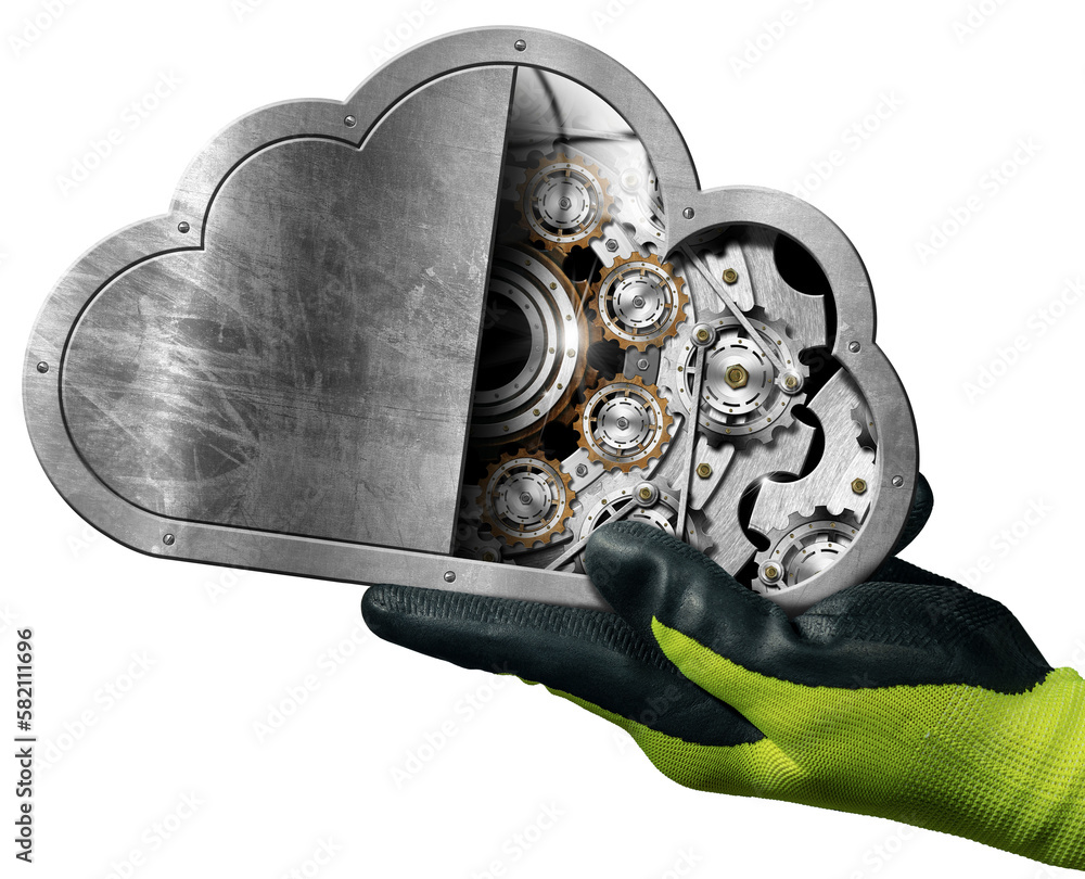 Poster manual worker with protective work gloves holding a metallic cloud computing symbol with cogwheels i