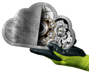 Manual worker with protective work gloves holding a metallic Cloud Computing Symbol with cogwheels inside. Isolated on white or transparent background, png.