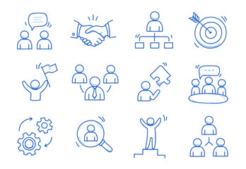 Doodle business team icon set. Doodle teamwork people community, office man group work concept. Target, gear, handshake element. Hand drawn sketch style vector illustration