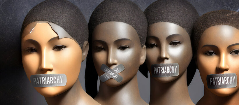Patriarchy and silenced women of color.  Women statues with taped lips as a symbol of limiting and suppressing the freedom of speech,3d illustration