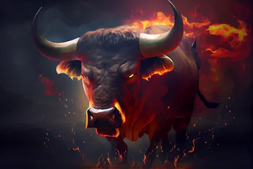 Fotobehang Angry bull in flame, generative AI © Grafvision