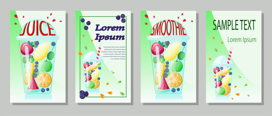 Set of flyers for juicу bar, vegan restaurant, smoothie cafe, beach bar, farm produce store, organic vegetables and fruit. Vector illustration for poster, banner, advertising, cover of menu.