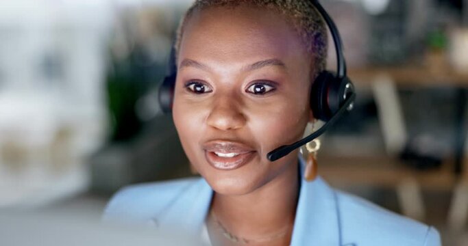 Call center, talking and black woman, agent or consultant global discussion, night tech support or ecommerce web service. Business person speaking on computer for online meeting or virtual consulting