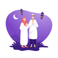 Muslim couple for islamic mubarak greeting illustration