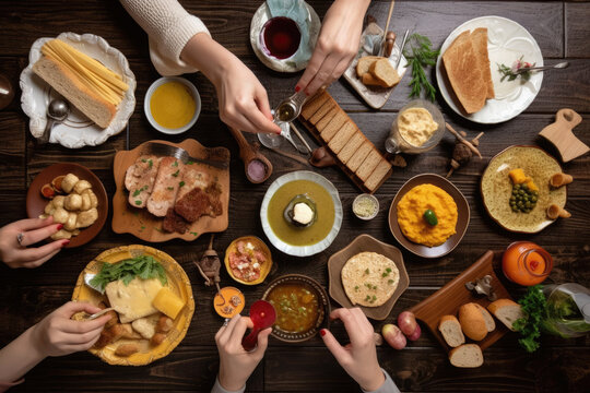 several people eating kosher food on a wooden table. top view. Ai generative