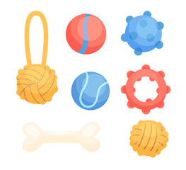 Set of different toys for pets. Rubber ball, rope, ring, bone, tennis ball. Accessories for training and play. Vector cartoon icon isolated on a white background.