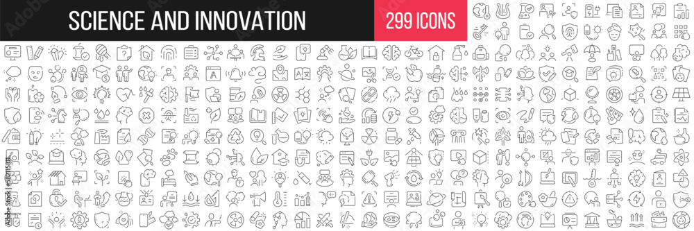 Poster science and innovation linear icons collection. big set of 299 thin line icons in black. vector illu