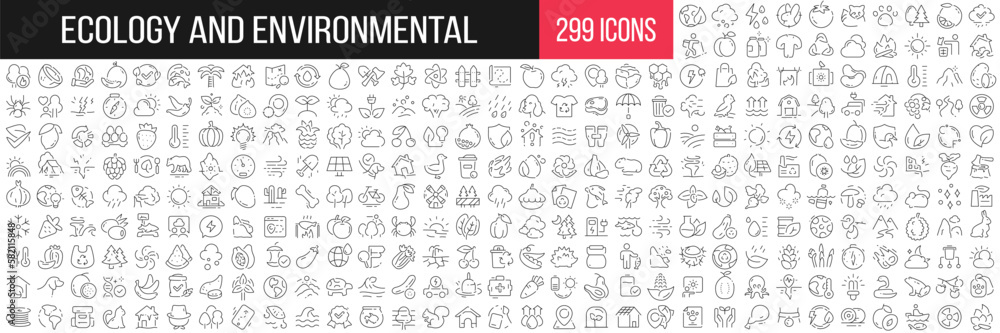 Aufkleber ecology and environmental linear icons collection. big set of 299 thin line icons in black. vector i