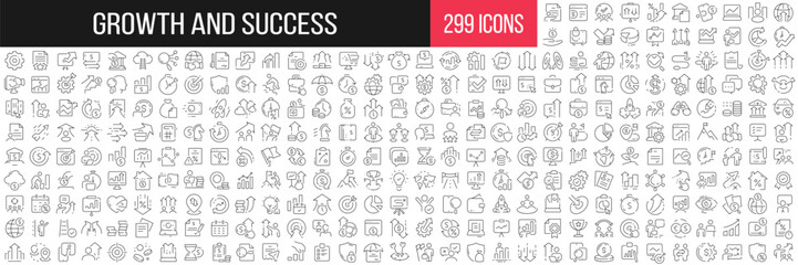 Fototapeta na wymiar Growth and success linear icons collection. Big set of 299 thin line icons in black. Vector illustration