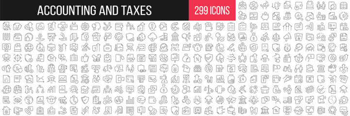 Accounting and taxes linear icons collection. Big set of 299 thin line icons in black. Vector illustration