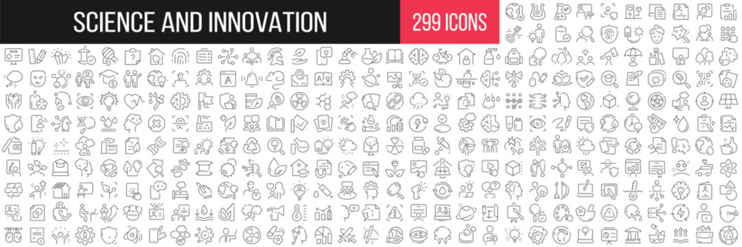 Science and innovation linear icons collection. Big set of 299 thin line icons in black. Vector illustration