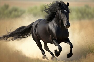 Obraz na płótnie Canvas Black horse running in the field, created with generative AI