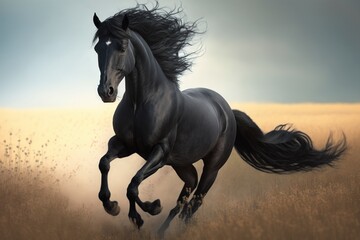 Fototapeta na wymiar Black horse running in the field, created with generative AI