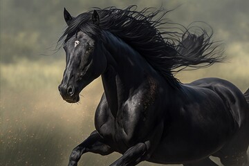 Obraz na płótnie Canvas Black horse running in the field, created with generative AI