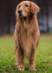 A Golden Retriever has a pleasant day outdoor; portrait of a retriever.