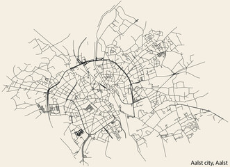 Detailed hand-drawn navigational urban street roads map of the AALST COMMUNE of the Belgian city of AALST, Belgium with vivid road lines and name tag on solid background