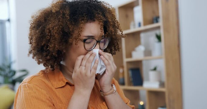 Computer, sick and blowing nose with woman in home office for freelancer, allergy and remote work. Project, virus and infection with female sneezing in tissue for hayfever, illness and infection
