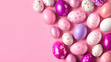 Fototapeta na wymiar top down view of Easter eggs board in pink colors on pink background. Space for text. Happy Easter 