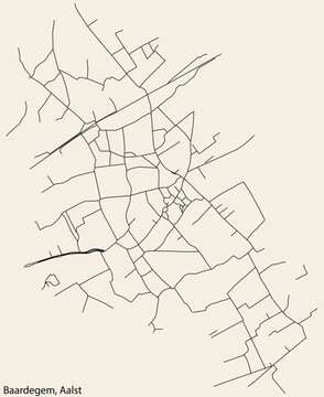 Detailed hand-drawn navigational urban street roads map of the BAARDEGEM COMMUNE of the Belgian city of AALST, Belgium with vivid road lines and name tag on solid background