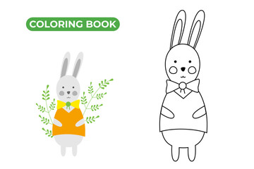 Little bunny in clothes. Black and white linear drawing of cute rabbit with bow around its neck. Hare coloring page for kids.