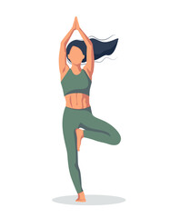 Faceless style girl or woman in yoga tree pose. Vector illustration