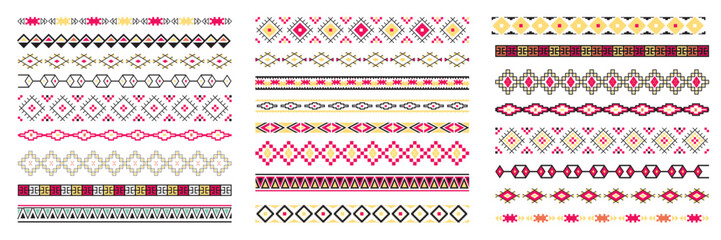 Border decoration elements with colorful patterns. Ethnic style collections. Vector illustrations.