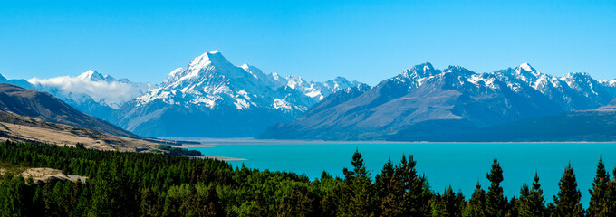 Panoramic view of lake pukaki and mount cook mountain chain in south island, New Zealand