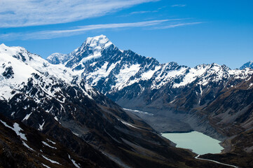 Mueller glacier lake view with snowy mountains and mount Cook in the background, Aoraki mount cook national park new zealand