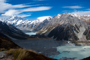 Mueller glacier lake panoramic view with snowy mountains in the background, Aoraki mount cook national park new zealand