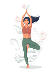 Faceless style girl or woman in yoga tree pose on background of leaves and flowers. Vector illustration