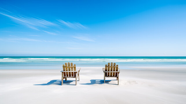 Two empty beach chairs on an isolated beach towards the ocean, clear blue skies, white sand, wide shot. 