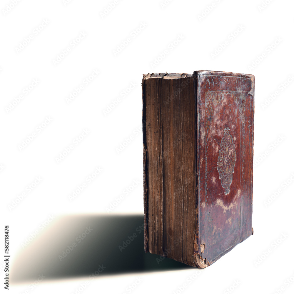 Poster Leather bound book with gold embossing. Torah book standing on white background with shadow. Education and religion concept. Closeup. - Posters