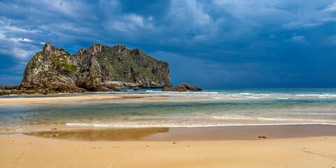 Fototapeta premium Coastline and Cliffs, Beach of La Franca, Protected Landscape of the Oriental Coast of Asturias, La Franca, Ribadedeva, Asturias, Spain, Europe